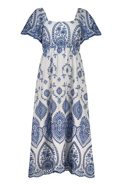 Blue White Embroidered Midi Dress