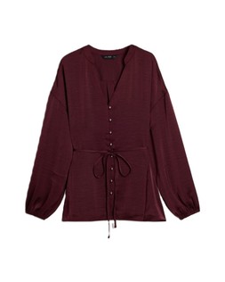 Burgandy Satin Button Through Tie Waist Blouses