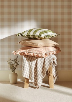 Pattern Drenching X Dunelm - Gingham wallpaper £12 per roll, Portloe olive frilled cushion cover £10, Cartmel linen cushion, from £16, Apricot seersucker gingham cushion £20 & Portloe warm stone gingham throw £25