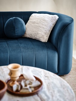 AHEAD OF THE CURVE - The Fitzrovia2 Seater in Matt Velvet Navy Mix with Dark Wood Trim, £899.