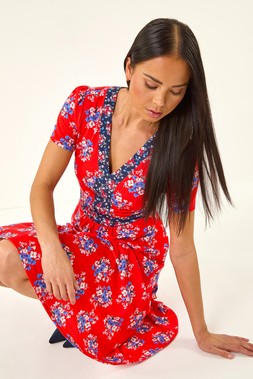 Roman Petite Floral Contrast Stretch Midi Dress