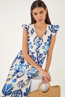 Roman Navy Abstract Print Frill Detail Midi Dress