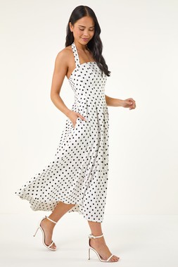 Roman Petite Ivory Polka Dot Stretch Midi Dress