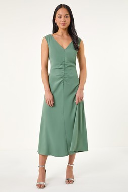 Roman Petite Sage V-Neck Ruched Stretch Midi Dress