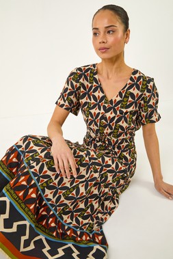 Roman Petite Black Abstract Print V-Neck Midi Dress