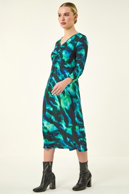 Roman Petite Green Abstract Twist Front Dress