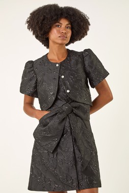 Roman Black Brocade Puff Sleeve Jacket