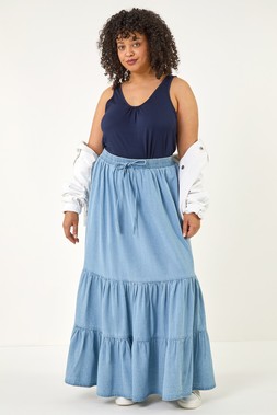 Roman Denim Curve Tiered Woven Maxi Skirt