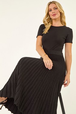 Roman Petite Black Metallic Knit Midi Skirt
