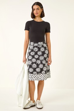 Roman Black Floral Star A-Line Skirt
