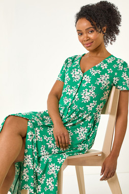 Roman Petite Green Floral Button Up Midi Dress