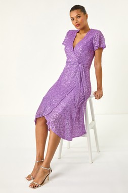 Roman Sequin Wrap Front Midi Dress