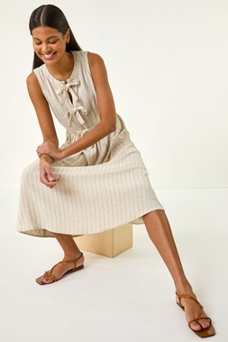 Roman Natural Pinstripe Bow Detail Midi Dress