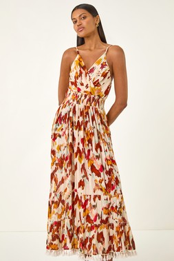 Roman Rust Abstract Tassel Trim Maxi Dress