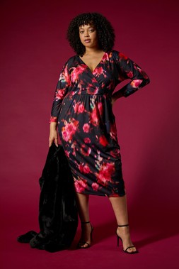 Roman Curve Red Floral Print Mesh Midi Dress