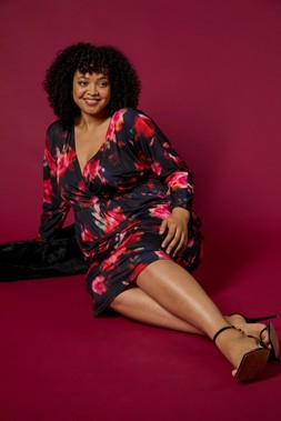 Roman Curve Red Floral Print Mesh Midi Dress