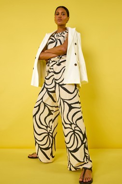 Roman Mono Abstract Print Shell Top, Mono Floral Palm Print Wide Leg Trouser & Double Breasted Collar & Revere Jacket