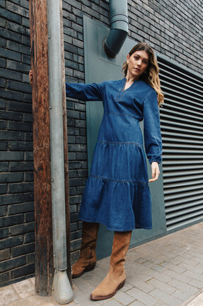 Roman Denim Tiered Midi Dress