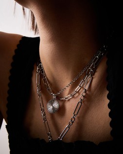 Maya Silver Tone Waterproof Etched Disc Pendant Necklace