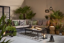B&M GARDEN SS26 // BOTANICAL // IBIZA 5 SEATER CORNER SET £450 // CERAMIC GNOME £5 // BOTANICA FOILED CUSHION BLACK £8 //