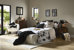 HOME SS26 // JAPANDI CALM // ABSTRACT PRINT DUVET SET - DOUBLE £15 KING £18 // LARGE TEDDY ARCH FOOTSTOOL £45 // ABSTRACT PRINT FLANNEL THROW £5 //