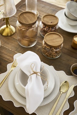 B&M HOME SS26 // RAW BEAUTY // LARGE HAMMERED GLASS CANNISTER WITH WOODEN LID £2.50 // SMALLER HAMMERED GLASS CANNISTER WITH WOODEN LID £1.50 EACH // 16 PIECE GOLD CUTLERY SET £10 //