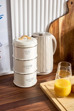 B&M HOME SS26 // KITCHEN // 3 STACKING CANISTERS £6 // MORPHY RICHARDS VAPOUR KETTLE £20 // 4PK HIGHBALL TUMBLERS £6 //
