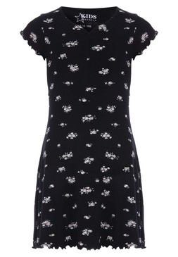 Older Girls Black Ribbed Floral Sweatheart Dress