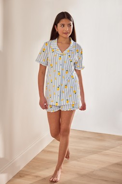 Girls Blue Lemon Stripe Short Pyjama Set