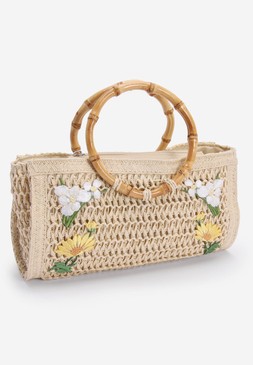 Womens Neutral Woven Flower Basket Bag