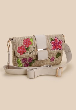 Womens Neutral Woven Flower Cross Bag