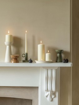 BOWEN PILLAR CANDLE HOLDER IN LINEN AND MOSS, BOWEN CANDLE PLATE IN LINEN ABND MOSS £7.99 TO £24.99