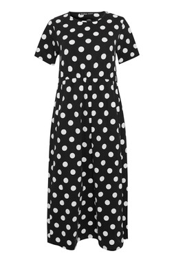 Black Polka Dot Jersey Midi Smock Dress with Pockets