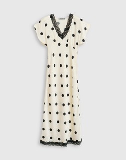 Satin Lace Trim Tea Dress in Cream Polka Dot