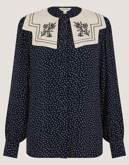 Ivy Embroidered Collar Polka Dot Blouse Blue