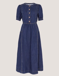 Eliza Puff Sleeve Denim Midi Dress Blue