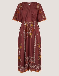 Greta Short Sleeve Embroidered Midi Dress Brown