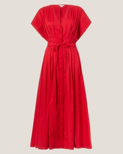 Riviera Pleated Tie Waist Midi Dress Red