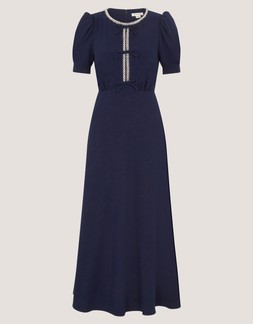 Bonnie Bow Puff Sleeve Midi Dress Blue