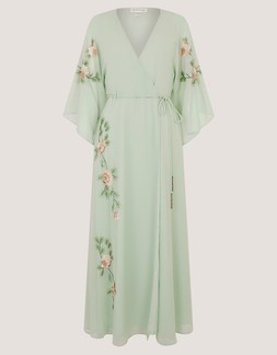 Clara Floral Embellished Midi Wrap Dress Green