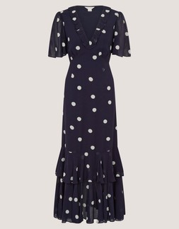 Rowena Polka Dot Ruffle Midi Dress Blue