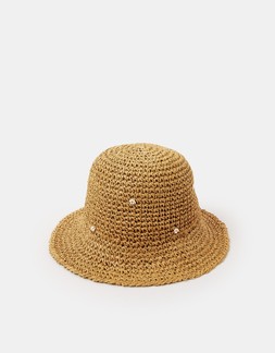 Beaded Flower Straw Bucket Hat