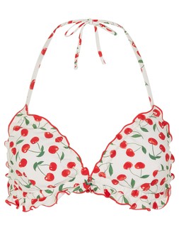 Cherry Print Ruffle Bikini Top Ivory