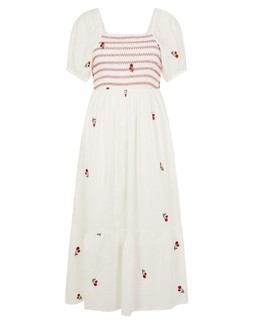 Puff Sleeve Cherry Embroidered Midi Dress White