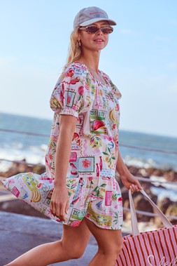 Postcard Print Puff Sleeve Mini Dress Multi