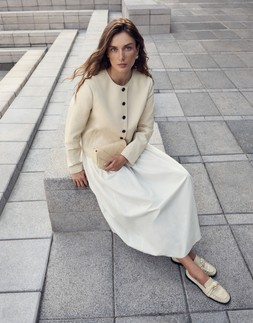 M&S Collection Faux Leather Collarless Jacket £46, Midi Waisted Dress £45, Loafer £50, Bag £33