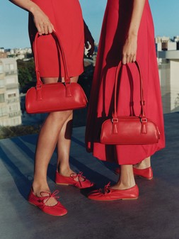 M&S Collection Bubble Hem Skirt £39.50, Red Shift Dress £35, Red Bag £39.50, Ballerina Shoe £29.50