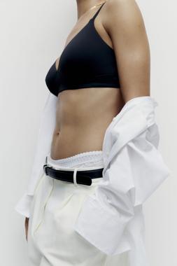 Body by M&S Flexifit Bralette £12, M&S Collection 3pk Flexifit Lace Brazilian Knickers £16, Autograph Pure Cotton Shirt £49.50, Wide Leg Trousers £39.50